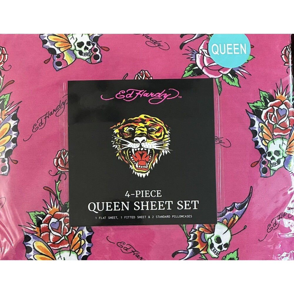 Ed Hardy Queen Sheet Set Pink Skull Rose Tattoo Y2K 4 Piece Bedding